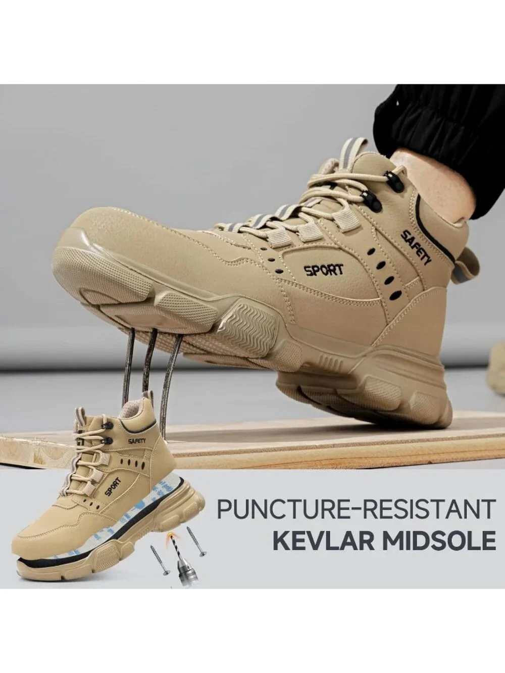 Men's Khaki Splashproof Shoes Casual High Top Steel Toe Non Slip Hiking Boot